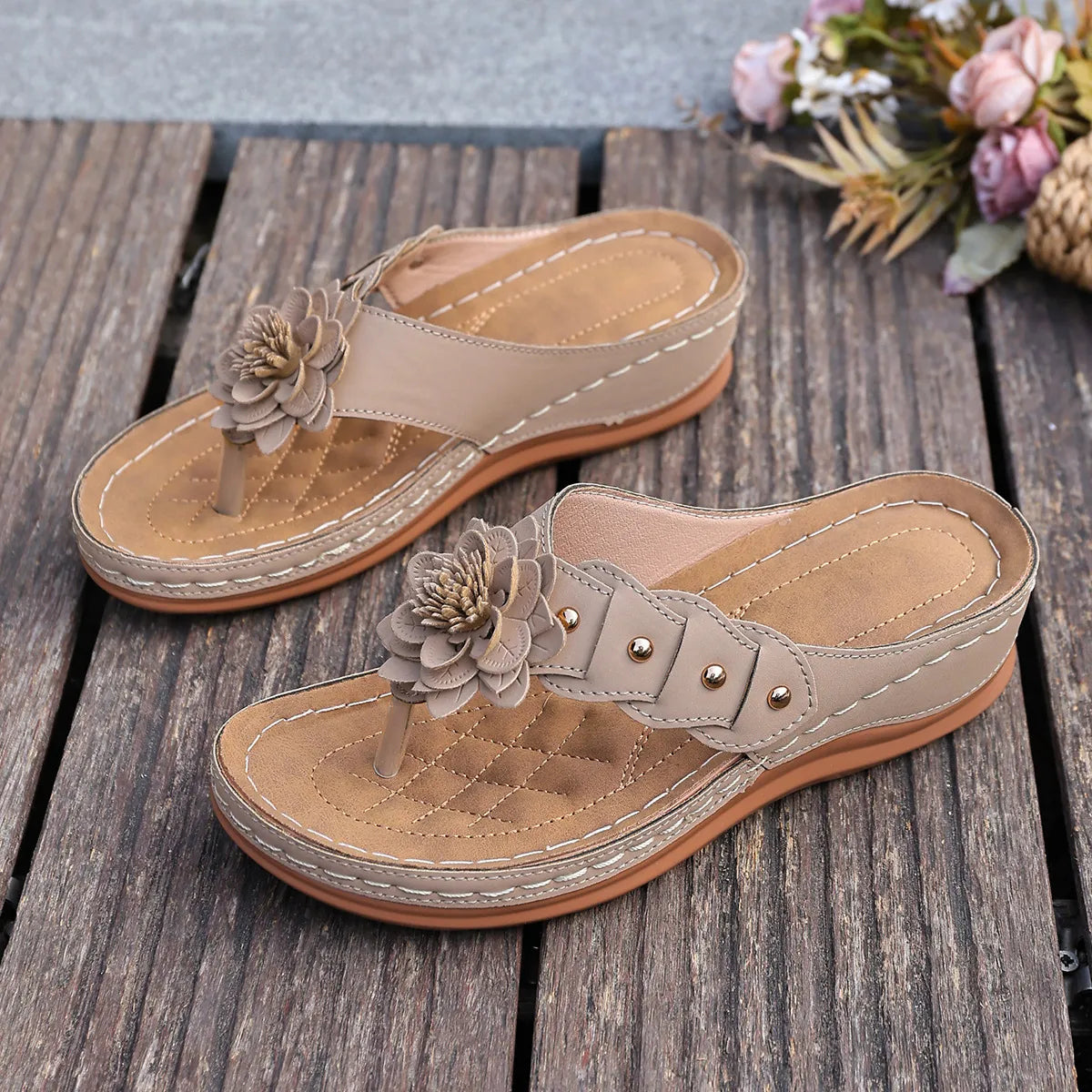 Floral Wedge Flip-Flops – Slip-On Style with Arch Support