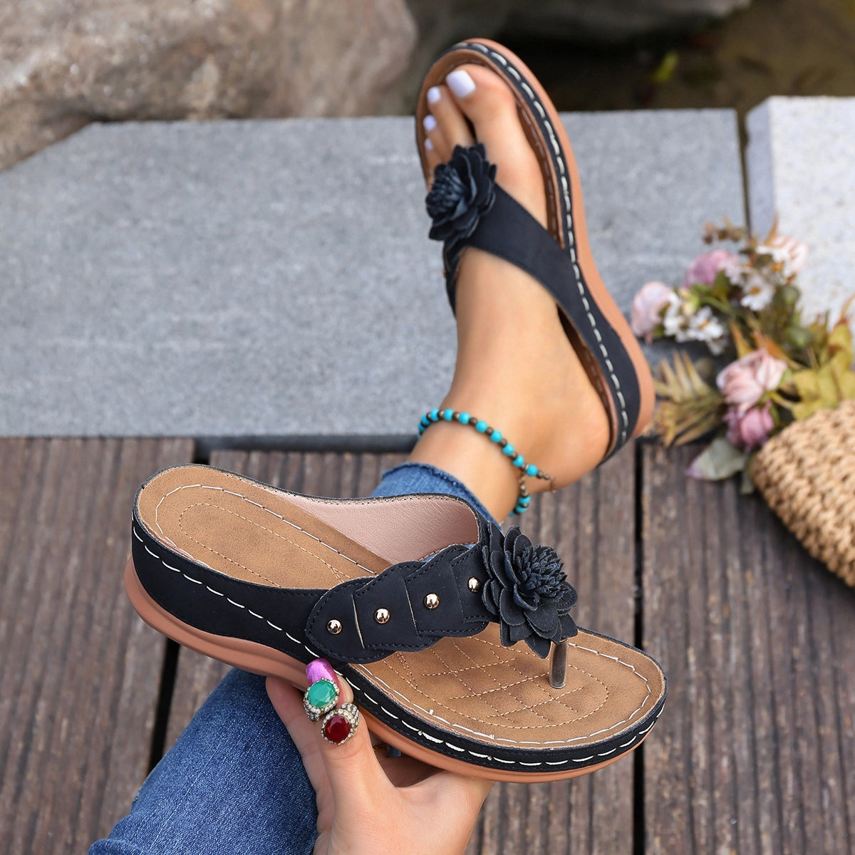 Floral Wedge Flip-Flops – Slip-On Style with Arch Support